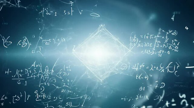 Complex mathematical equations and geometric shapes floating in a glowing blue space, symbolizing science, knowledge, and advanced calculations