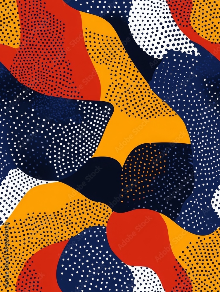 Poster abstract pattern with colorful blobs and dots in red, blue, and orange tones