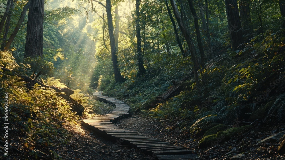 Poster a winding zigzag path through a dense forest, with sunlight filtering through the trees.