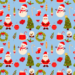 Seamless Christmas pattern on blue background, santa,snowman, gift.  Background for gift paper or fabric.