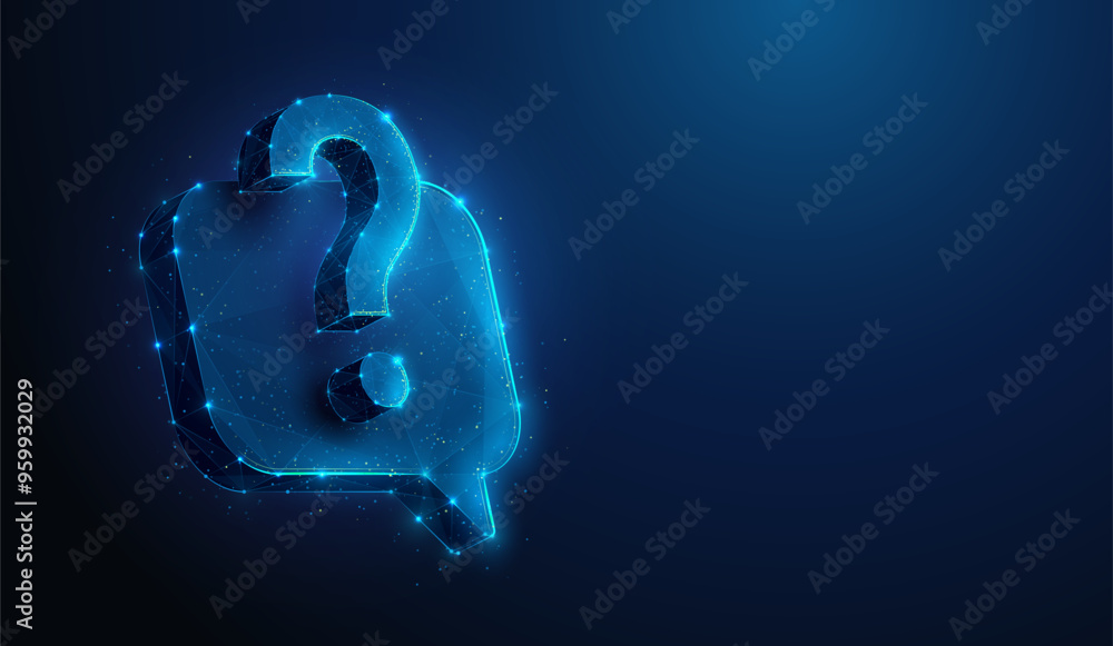 Poster abstract illustration of question mark floating over chat bubble in low poly style. blue geometric b