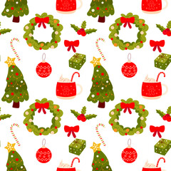 Seamless Christmas pattern on white background Christmas tree, gift, toy.  Background for gift paper or fabric.