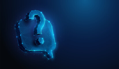 Abstract illustration of question mark floating over chat bubble in low poly style. Blue geometric background depicting faq and technical expert support concept by wireframe connection structure