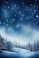 Winter night sky filled with stars above a snowy landscape and evergreen trees