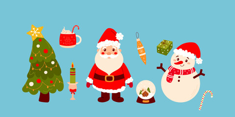Set of New Year characters on blue background, santa, snowman, Christmas tree. Mascot, vector illustration