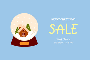 Discount banner on blue background, sale. In a snow ball, toy santa. vector illustration