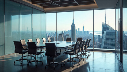Modern corporate boardroom with glass wall, New York City skyline view, upscale decor.








