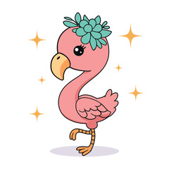 Cute pink flaminggo kawaii cartoon vector illustration in flat style