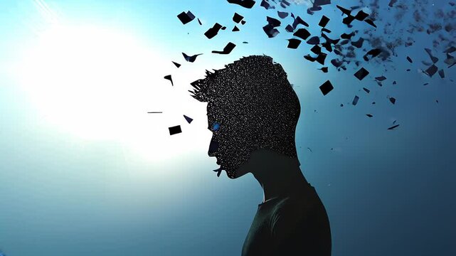 Abstract visualization of unlearning with dissolving silhouette, conceptual art representing breaking free from old patterns and embracing new thoughts