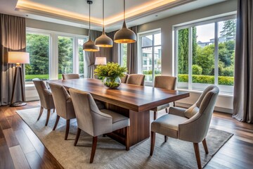 Modern dining room features stylish Gibbard chairs and sleek wooden table, creating a sophisticated atmosphere for