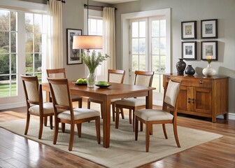 Fototapeta premium * Modern dining room furniture set boasts sleek, comfortable pieces with clean lines and a warm wood finish