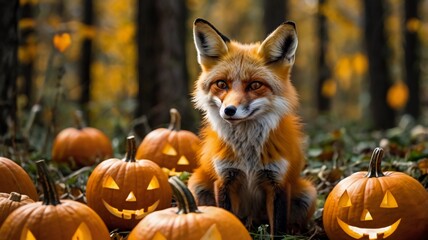 Fototapeta premium A sly fox sitting among a cluster of Jack-o'-lanterns in a forest clearing, playful spirit of Halloween