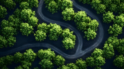 Obraz premium Winding river flowing through a dense green forest, viewed from above