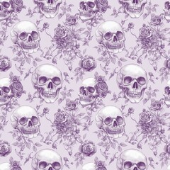 Seamless Skull and Rose Pattern with Botanical Gothic Elements, Light Background, and Vintage Style