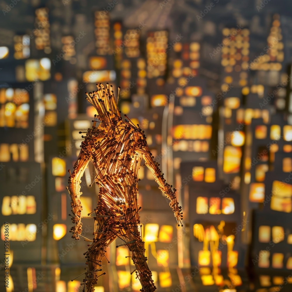 Poster a striking wire figure illuminated with warm lights stands against a backdrop of a cityscape, showca