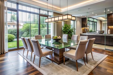 Fototapeta premium Modern glass dining table surrounded by sleek chairs, illuminated by chandeliers, and expanded space for 8 people