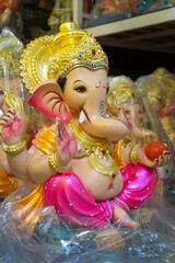 Indian Hindu God Lord Ganesha Statues made of clay and soil, Coated with color sold for Ganesh Chathurthi