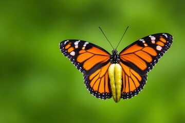 Naklejka premium A vibrant monarch butterfly perched gracefully against a blurred green background, showcasing its colorful wings.