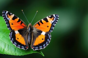 Obraz premium Stunning orange butterfly perched on a green leaf, showcasing intricate patterns against a blurred natural background.
