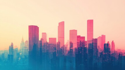 Fototapeta premium A vibrant city skyline at sunset, showcasing stunning silhouettes and colorful reflections that inspire creativity and wonder.