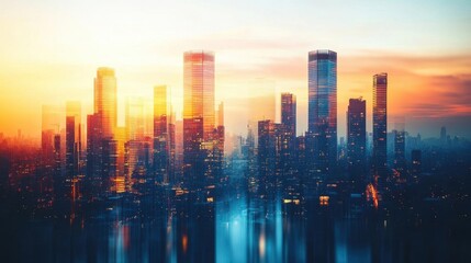 Fototapeta premium Stunning city skyline at sunset, featuring shimmering reflections and vibrant colors, perfect for urban and landscape themes.