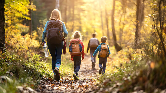 A family hiking through a forest, with backpacks and water bottles, exploring nature and staying fit 