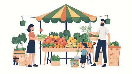 A family shopping at a local farmers market, picking fresh fruits and vegetables to promote healthy eating 