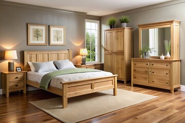 Naklejka premium * Modern pine bedroom furniture collection features a platform bed, simple nightstand, stylish armoire with frameless