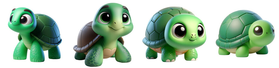 Obraz premium Set of 3D rendered illustration cartoon Turtle isolated on white and Transparent Background 