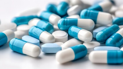 Blue & White Pill Collection on Table, Light Blue & Pale pills on Isolated Background, Medicinal Theme Highlighted