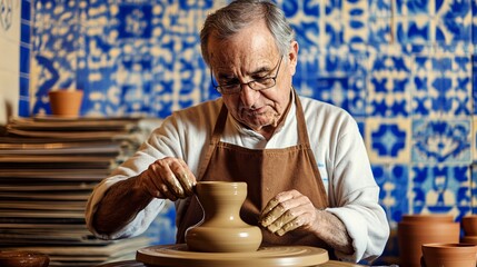 An elderly potter skillfully shapes clay on a wheel, showcasing the artistry and dedication of traditional craftsmanship.