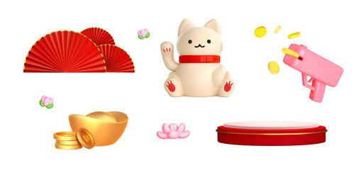 3d beckoning maneki neko. Set of lucky cat icons with raised paws. Symbol of wealth, good luck, luck. Isolated element of Asian design. Cartoon vector illustration.