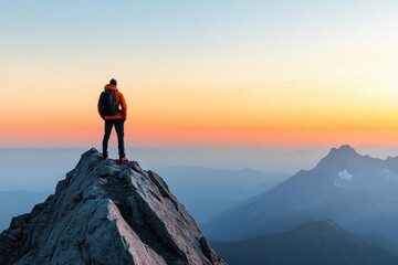 A person stands on a mountain peak, gazing at a breathtaking sunset over the distant horizon.
