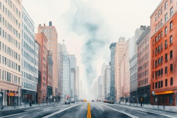 A misty urban scene showcasing tall buildings along a wide road, creating a serene yet dynamic city atmosphere.