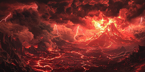 Red Hell The ground cracked red, there was fog above, red clouds, lightning flashed in the distance, there was a red volcano covered in dust and explosions.