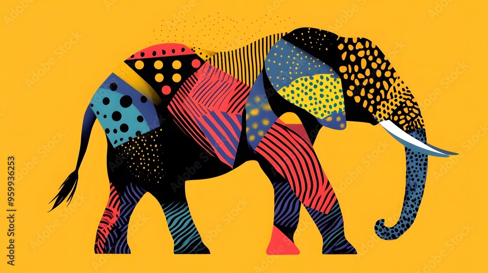 Poster elephant decorated with bold geometric and colorful patterns on a yellow background