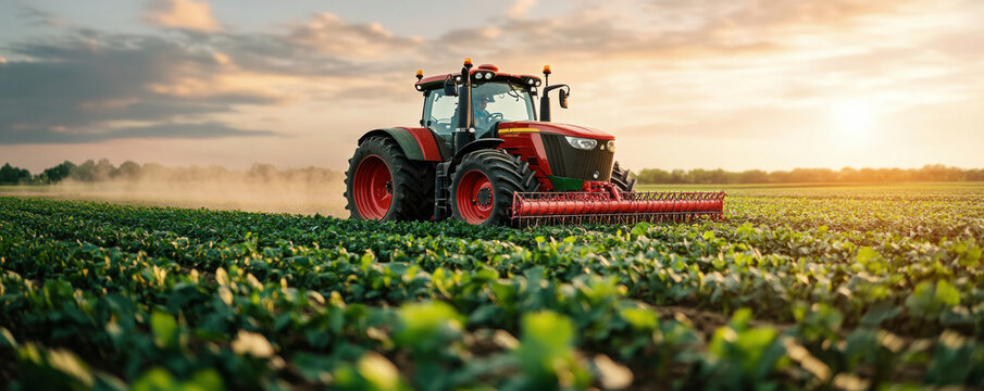 A red tractor in action, working on a lush green crop field during sunrise, demonstrating modern farming practices.