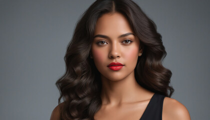 Naklejka premium Female Model with Long Wavy Hair in Black Sleeveless Top Against Grey Background