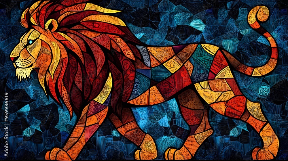 Poster lion portrait with flowing mane in warm geometric patterns and a deep blue background