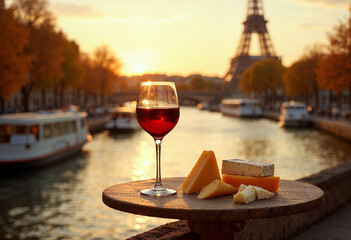 Naklejka premium Glass of red wine and fine cheeses on a table by the Seine, Eiffel Tower in evening light.