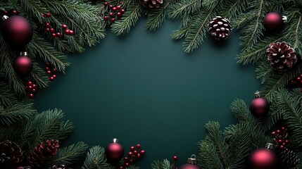 Festive arrangement of pine branches, ornaments, and pine cones creating a holiday frame on a dark green background.