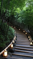 Fototapeta premium A wooden staircase winds through a lush bamboo forest, softly lit by glowing lanterns, creating a serene and inviting path in the night.