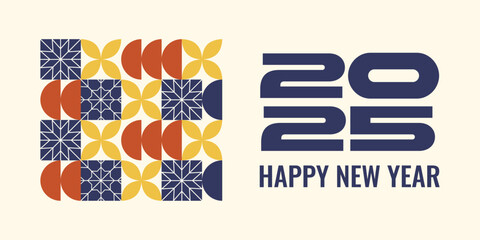Modern New Year banner design with a pattern of geometric shapes and large typography 2025. Greeting card with snowflakes.