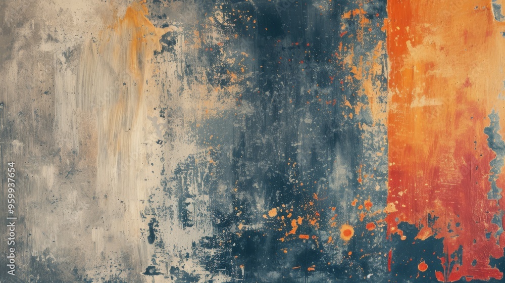 Poster an abstract painting featuring a mix of vibrant hues and textured layers. the dynamic composition of