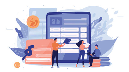 Salary Payment concept. Employee or workers are happy receive a monthly salary. People calculating money, flat vector modern illustration
