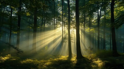 Obraz premium Bright morning light streaming through a forest, symbolizing the promise of a new day