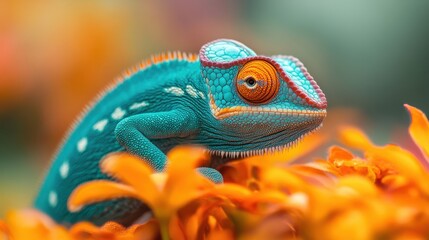 Fototapeta premium Blue Chameleon on Orange Flowers Close up Portrait