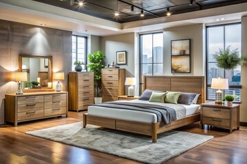 Fototapeta premium Rich, modern designs take center stage in this stylish store, featuring a diverse assortment of bed frames, dressers,