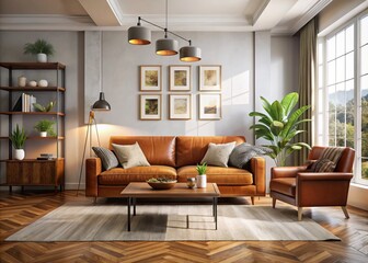 Fototapeta premium Rich wood floors, a rust-hued sofa, and sleek accent pieces combine to generate a warm and inviting living