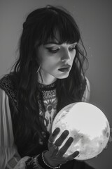 Naklejka premium Bathed in soft light, a woman dressed in mystical attire holds a luminous crystal ball, her expression a blend of concentration and curiosity. The atmosphere is enchanting